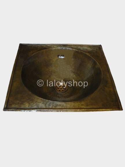 Vasque en cuivre patiné bronze marocaine ronde, plage carrée 38 x 38 cm - à encastrer